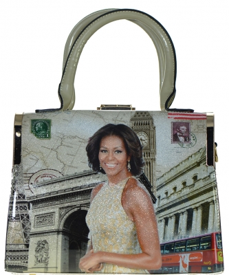Fashion Magazine Print Faux Patent Leather Handbag With Gold Embellishments  D1110 APRICOT